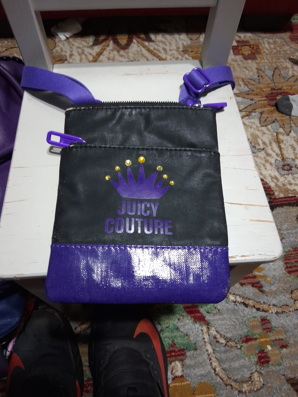 Juicy Couture Black Crossbody Bag Purple Rhinestone Crown Logo Double Zip